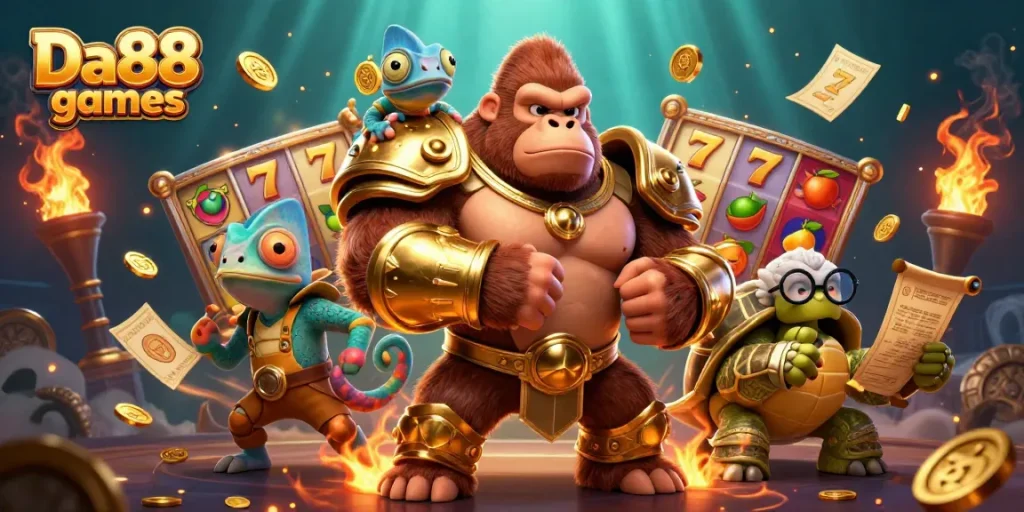 Experience the thrill of winning with Da88 games featuring dynamic slot reels and engaging characters.
