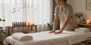 Rejuvenating 종로출장안마 massage therapy setting with essential oils, calming lights, and inviting atmosphere.