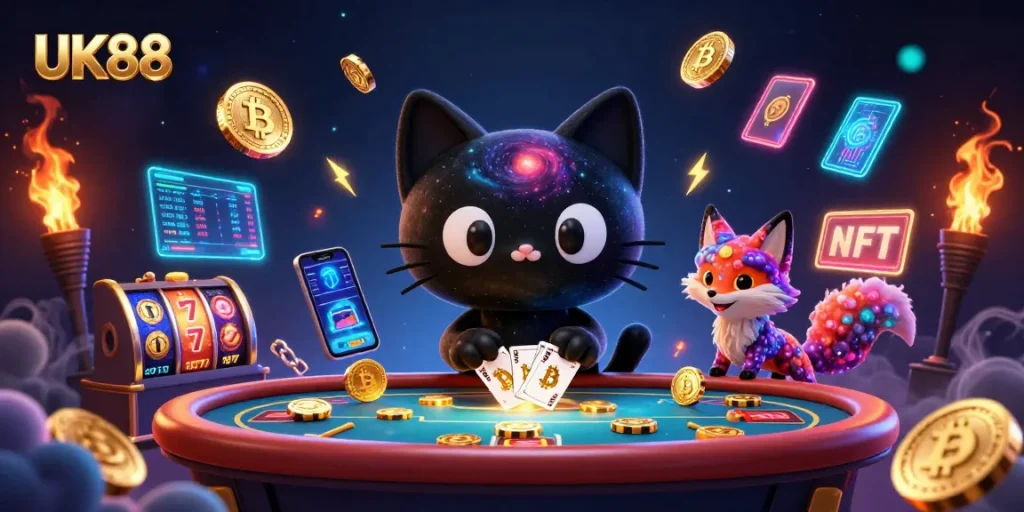 Experience thrilling gaming with UK88 at a dynamic cosmic casino, featuring captivating characters.