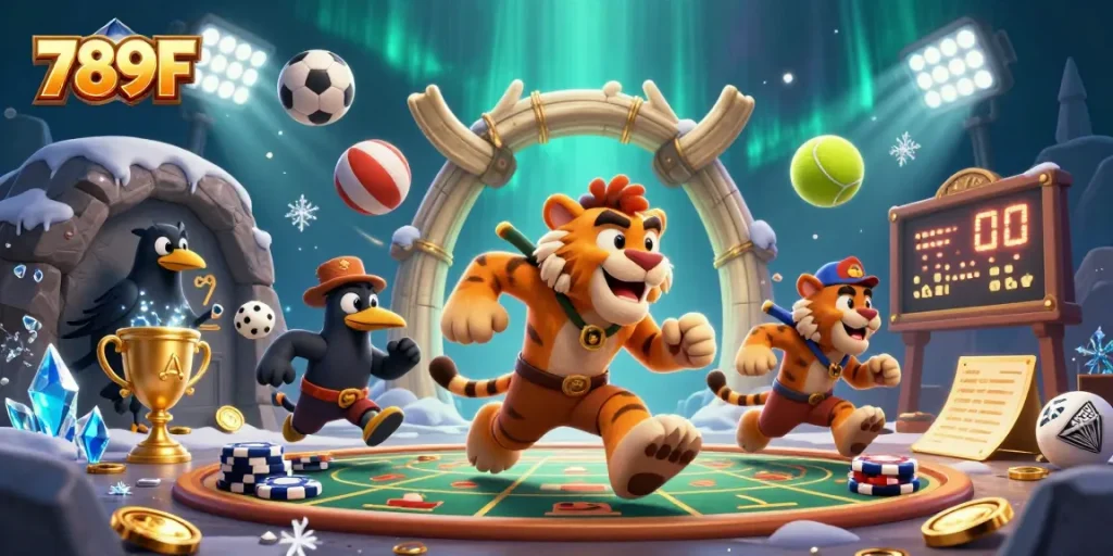 Experience the excitement of 789F with a vibrant casino scene featuring lively characters and dynamic elements.