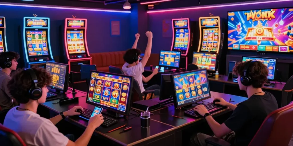Pengalaman bermain slot online dengan pemain merayakan kemenangan di lounge modern.