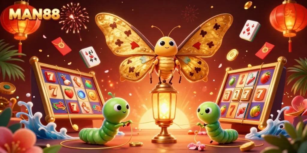 Experience MAN88's vibrant casino energy with spinning slot reels and a dynamic 3D illustration.