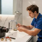 Professionele installatie van kraan assortiment in moderne badkamer