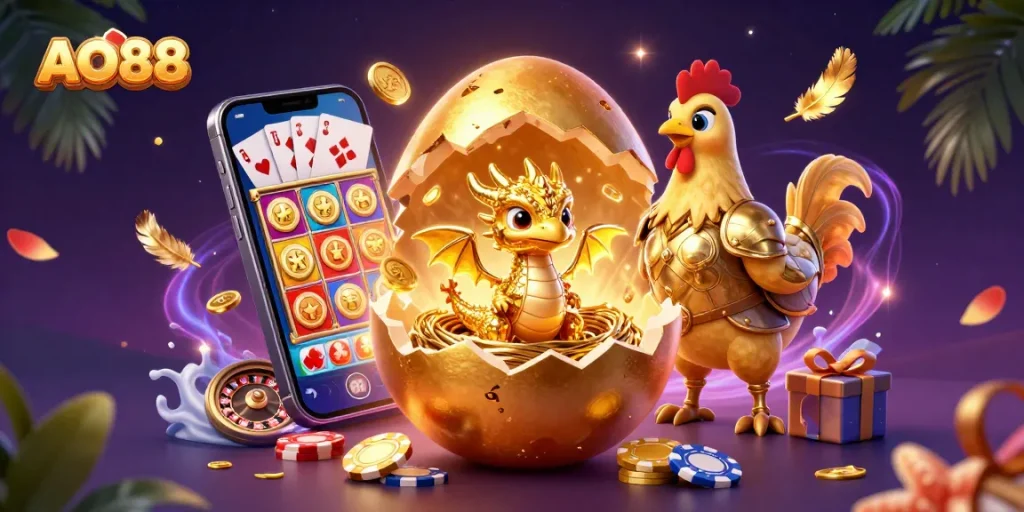Spin the reels at AO88 and uncover treasures in a vibrant casino scene.