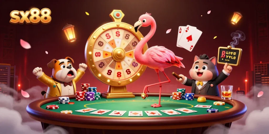 Join the thrilling sx88 game show with a flamingo host, bulldog contestant, and exciting prizes in a vibrant casino setting.