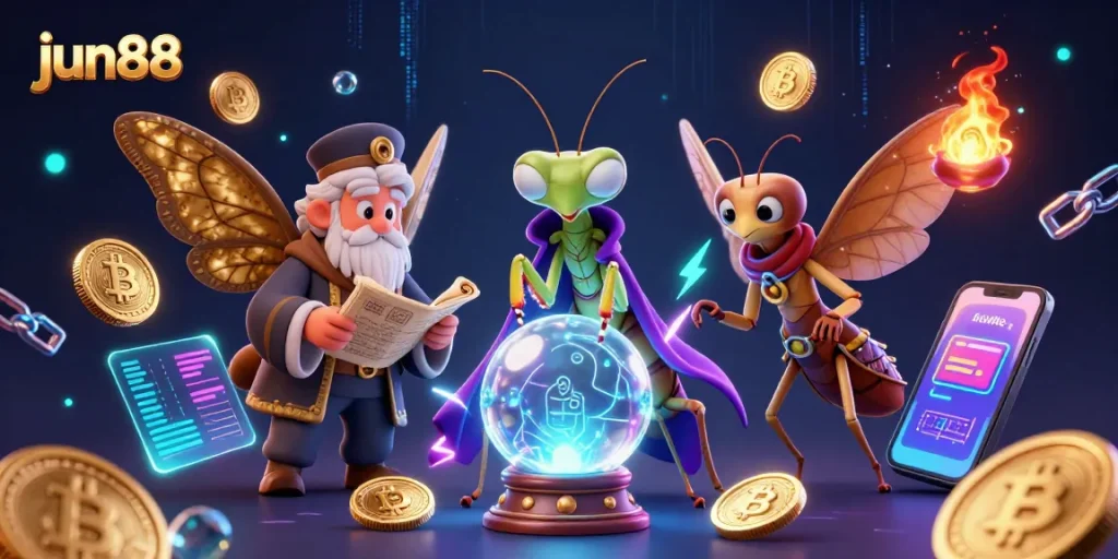 Experience the magic of jun88 with fortune tellers and glowing digital coins in this dynamic casino scene.