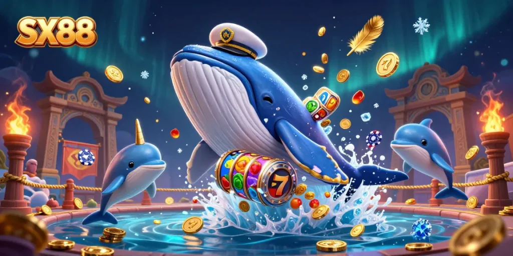SX88 showcases a whimsical casino scene with vibrant creatures celebrating wins amidst a festive backdrop of slot games and coins.