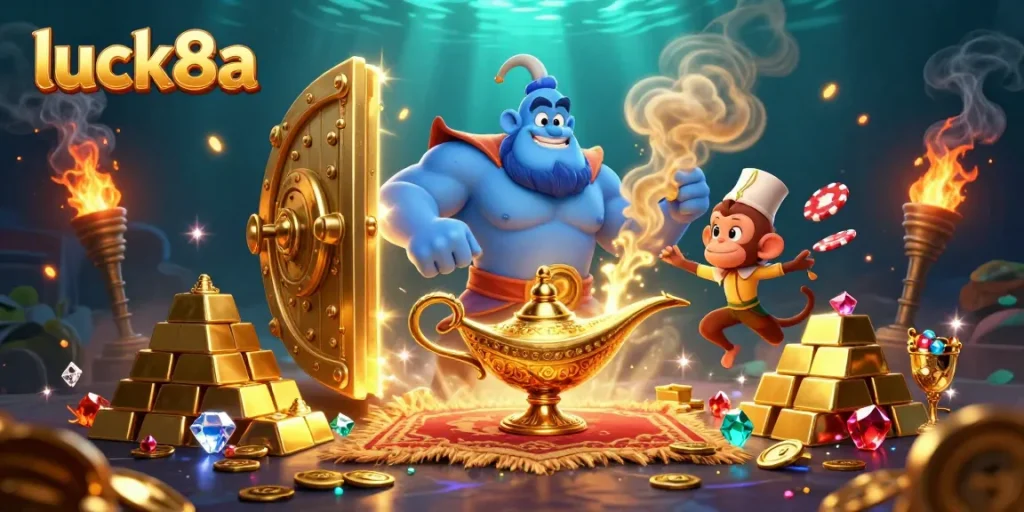 Experience excitement at luck8a with a magical casino scene featuring characters and rich game elements.