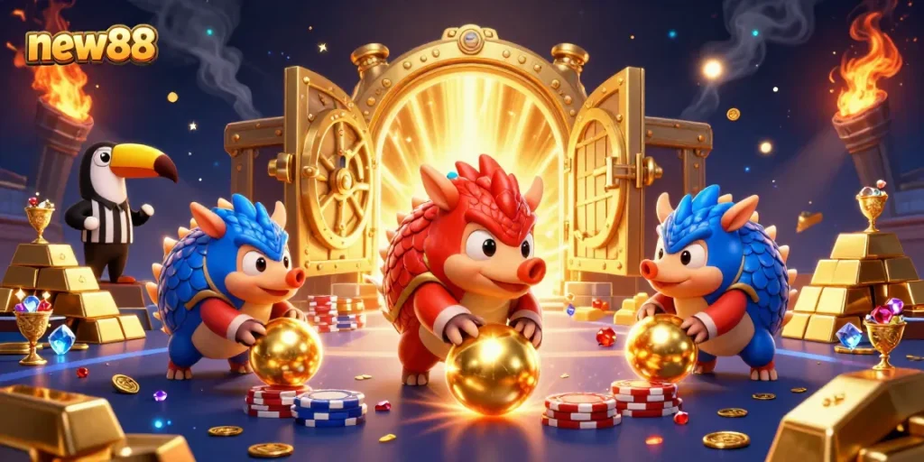 Engage with new88 in a vibrant scene featuring rival pangolins bowling through poker chips and a dazzling vault of treasures.