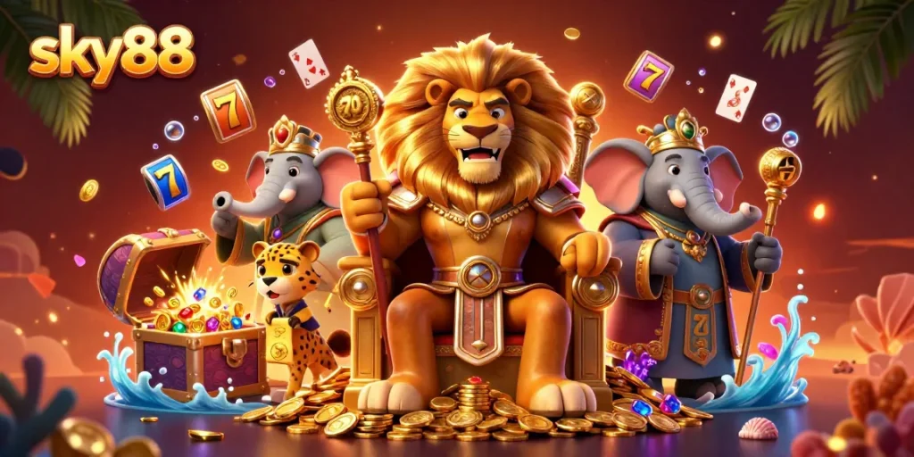 Join the fun at sky88 as the lion king and friends celebrate with thrilling slot games and treasures!