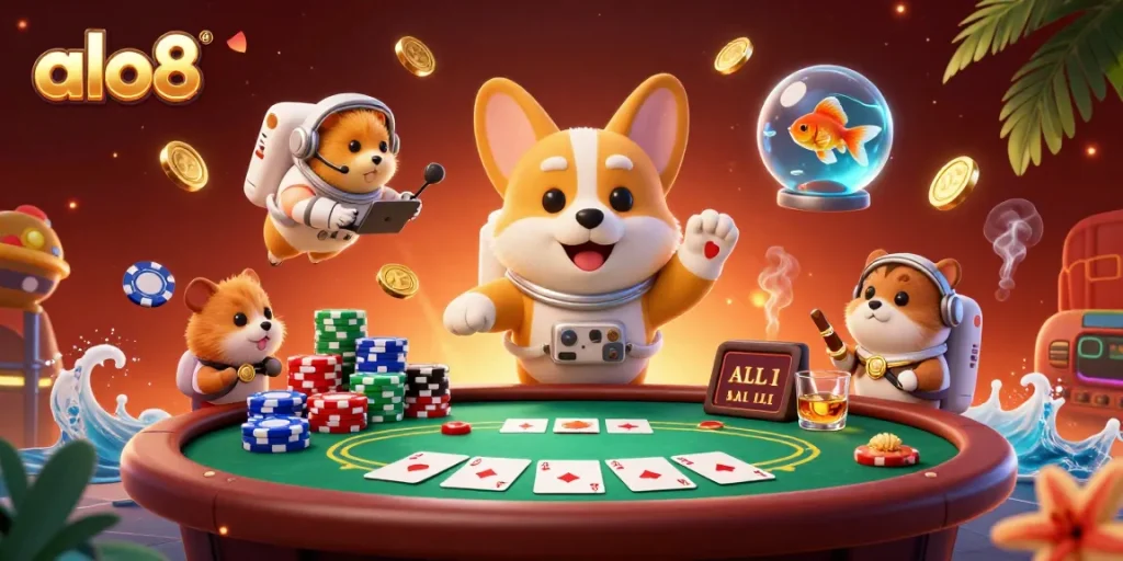 Experience the excitement of poker at alo8 where a cartoon astronaut corgi navigates a cosmic casino scene.