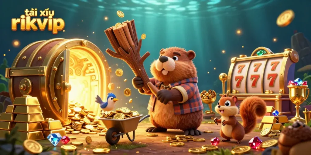 Engage in tài xỉu rikvip excitement with cartoon characters collecting gold in a vibrant casino scene.