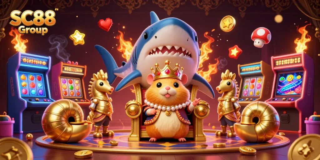 Engage with SC88 Group's vibrant gaming world featuring a golden hamster king and thrilling casino elements.