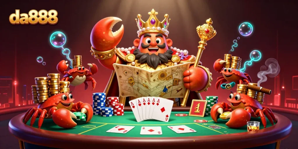 Engage with da888's thrilling gameplay featuring a golden crab emperor ruling a poker table.