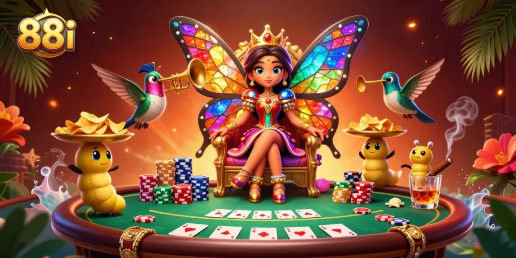 Engage with the vibrant 88i poker scene featuring a butterfly queen, poker chips, and a dynamic atmosphere.