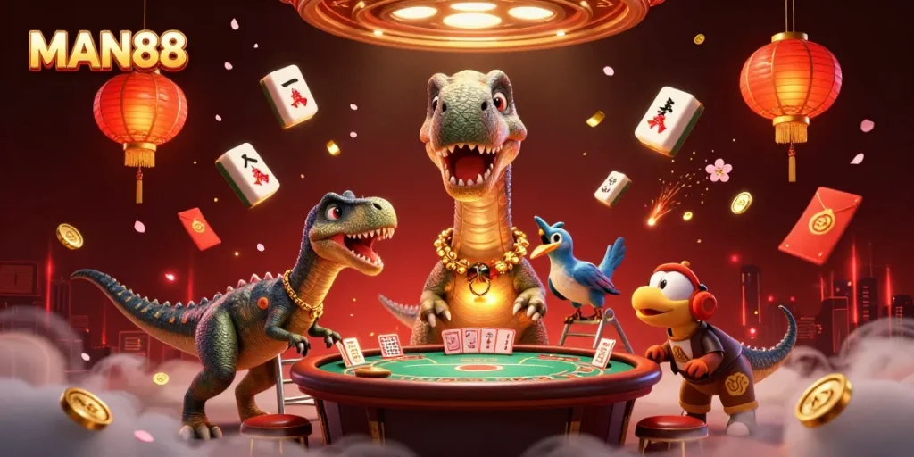 Experience the vibrant world of MAN88 with cartoon characters engaging in high-stakes casino action.