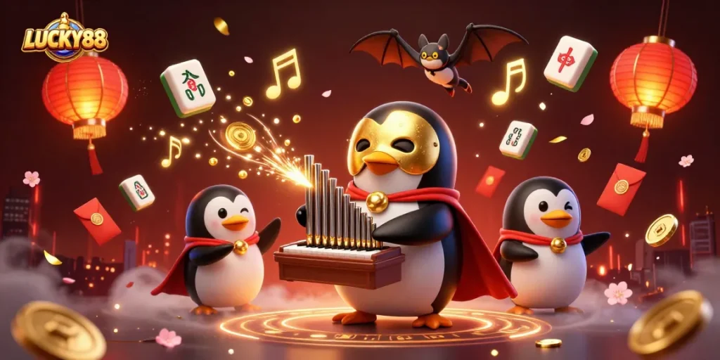 LUCKY88 captures thrilling gambling excitement with a vibrant 3D casino scene featuring unique characters and festive elements.