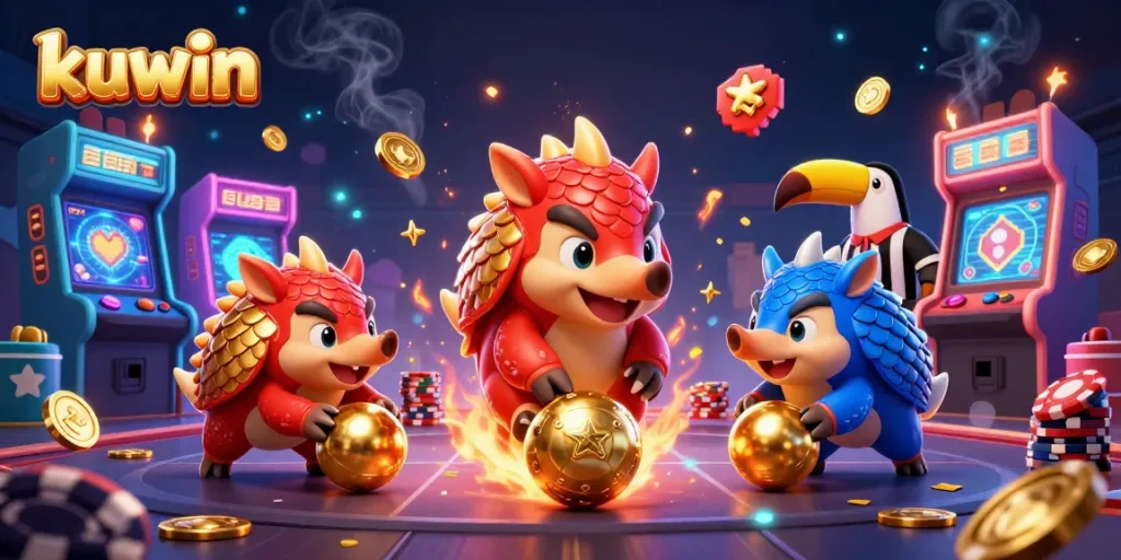 Kuwin pangolin characters compete while rolling golden balls through poker chips in a casino setting.