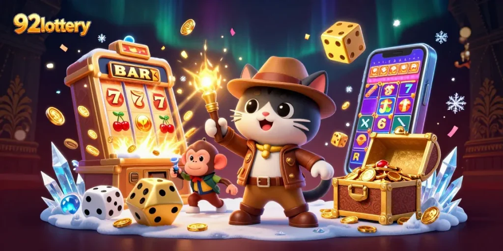 Experience the thrill of 92lottery with a 3D explorer cat and jackpot excitement!