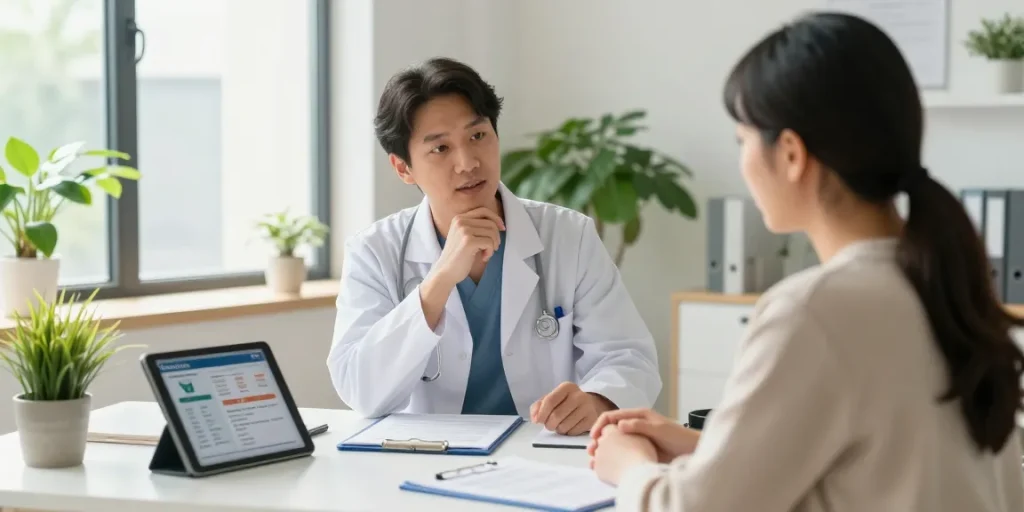 Engaging consultation about Genotropin with healthcare professional in modern clinic setting.