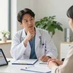 Engaging consultation about Genotropin with healthcare professional in modern clinic setting.
