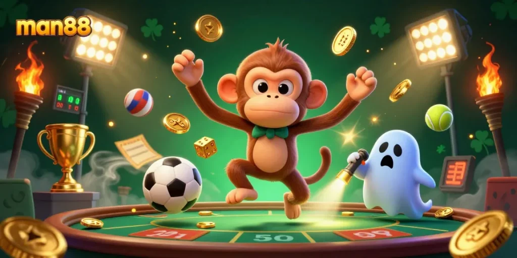 Experience the thrilling action of man88 with an animated scene of sports and casino elements in a haunted setting.
