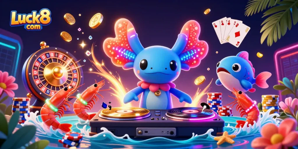 Experience excitement at Luck8 com with vibrant 3D casino characters and dynamic game elements in a neon underwater scene.