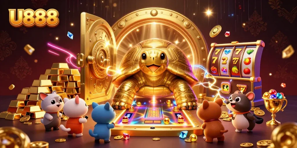 Engage in thrilling gameplay with U888; a colorful 3D illustration showcasing a colossal tortoise pinball machine amidst a treasure-filled casino.