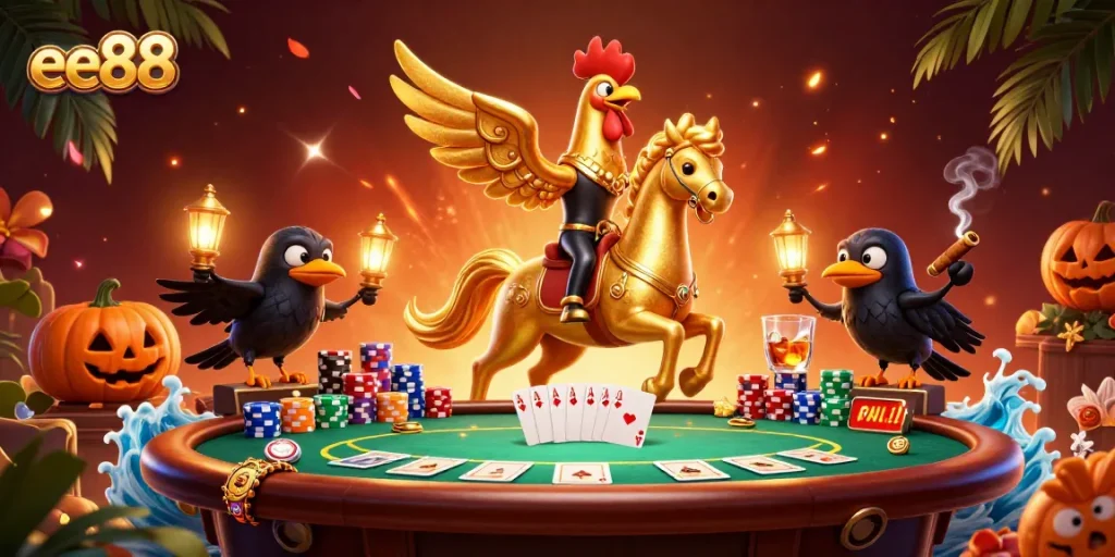 Join the action at ee88 with a vibrant casino scene featuring a golden rooster and poker elements.