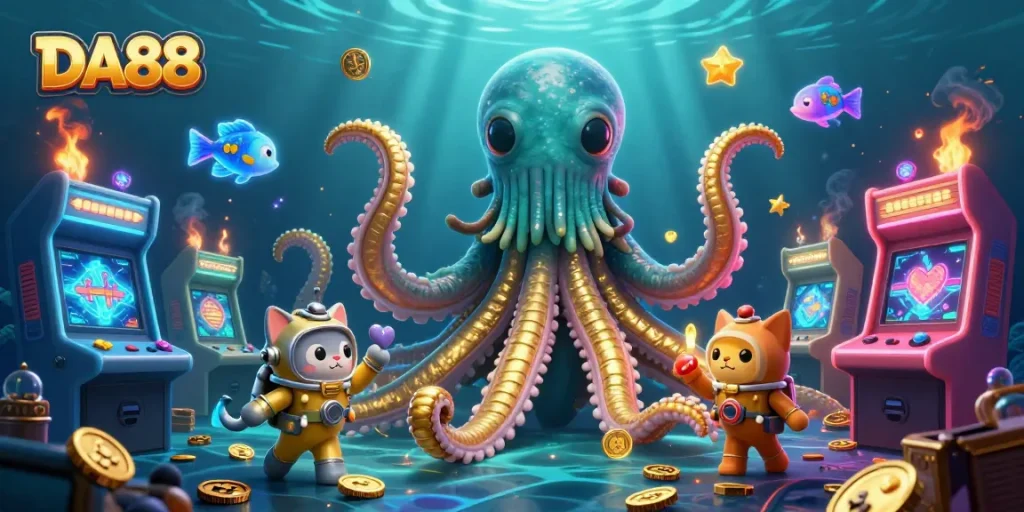 Experience thrilling adventures at DA88 with a kraken and diving cat in a vibrant casino scene.
