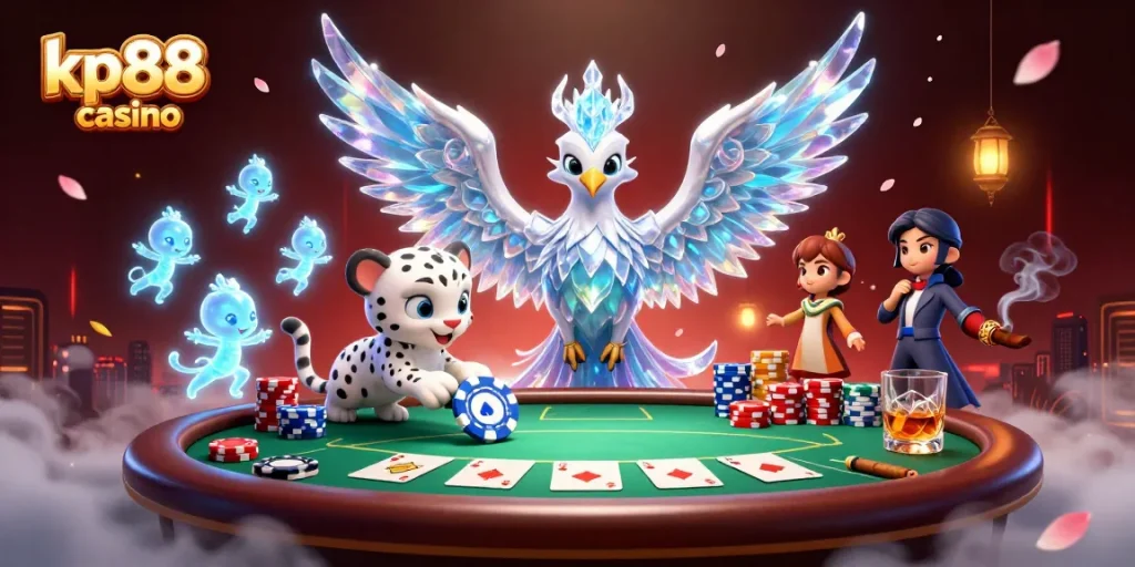 Enjoy immersive gameplay at kp88 casino with vibrant characters and poker action in a dazzling casino scene.