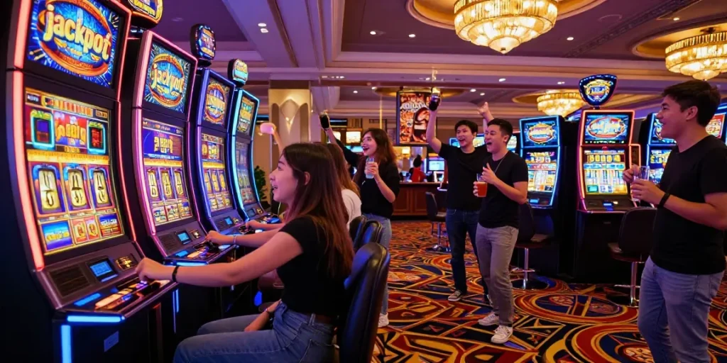 Exciting slot gacor gaming scene with players celebrating at vibrant casino machines