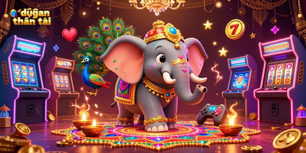 Experience dự đoán xsmb thần tài with vibrant 3D visuals of slot games and lively characters.