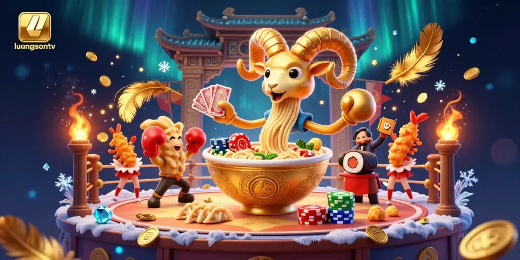 luongsontv showcases vibrant sports betting action in a rich, dynamic 3D scene filled with colorful gambling elements.