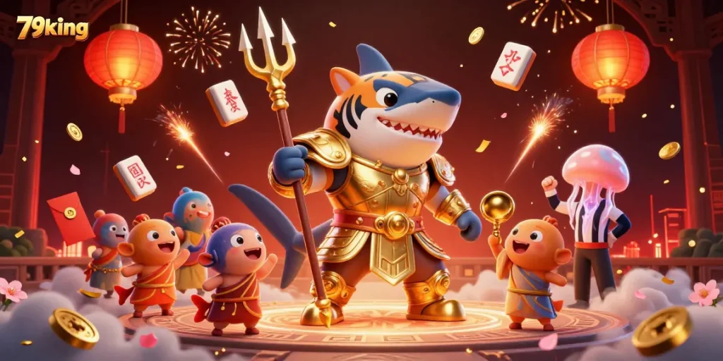 Engage with 79king's thrilling underwater casino adventure featuring the fierce tiger shark and festive visuals.