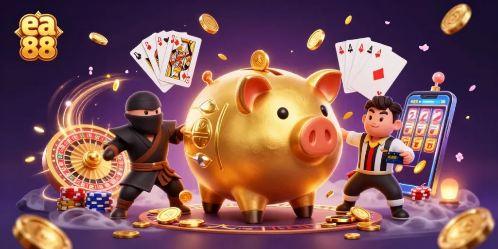 ea 88 showcases high-energy casino scene with a sumo wrestler piggy bank, coins flying.