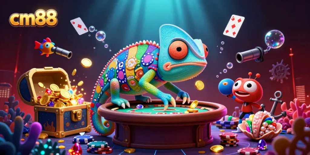 Engage with cm88's thrilling world of casino action featuring a vibrant chameleon and immersive game elements.