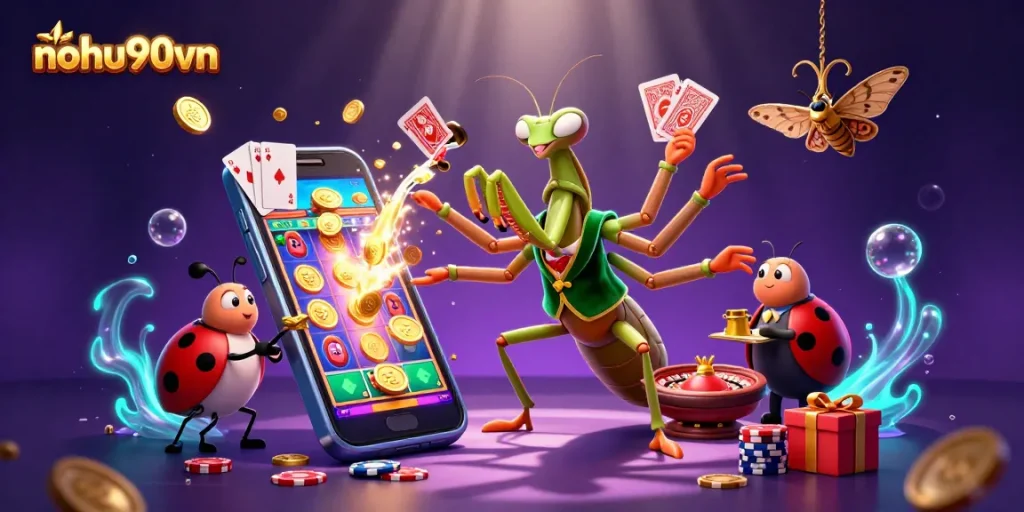 Experience the thrilling casino environment with nohu90vn as a praying mantis card sharp directs a lively game surrounded by slots and chips.