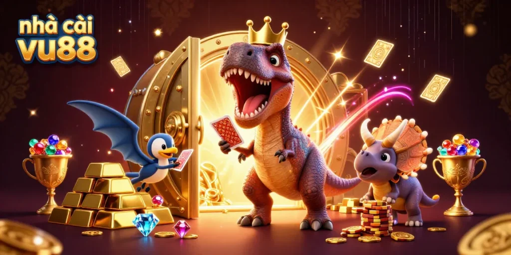 Enhance your gaming experience with nhà cái vu88, featuring a fun T-Rex shuffling cards amidst golden treasures.