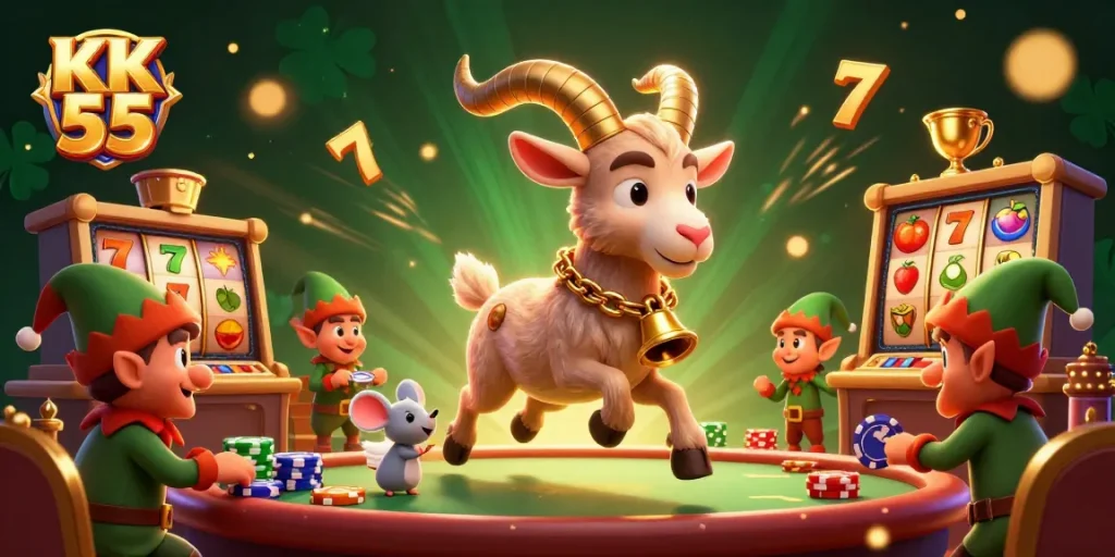 Engage in thrilling slots and jackpots at KK 55 casino with festive characters in a lively scene.