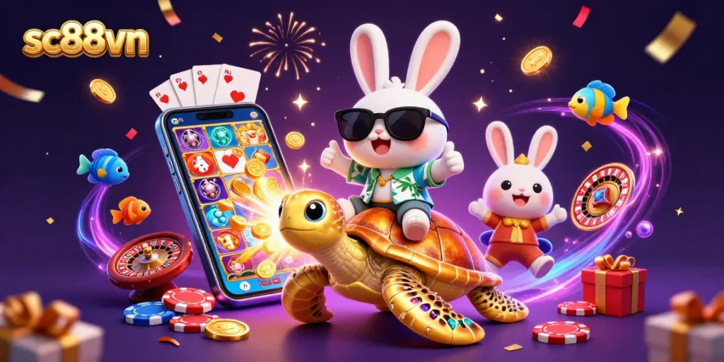 Experience the excitement at sc88vn with a lucky rabbit and golden turtle amidst slot games.