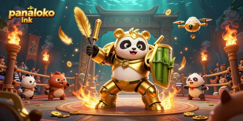 Join the excitement with panaloko ink in this vibrant 3D illustration of a casino arena featuring a golden panda mech and engaging game elements.