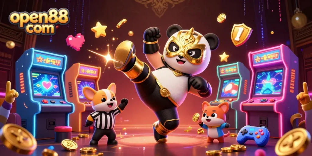 Experience thrilling action at open88 com with a panda wrestler and vibrant arcade elements!