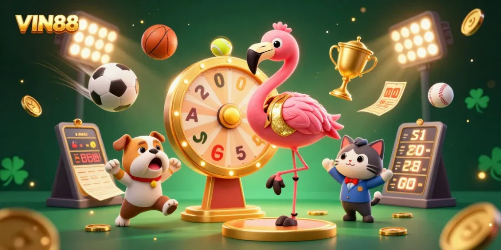 Spin for prizes and excitement at VIN88 with colorful sports elements and characters