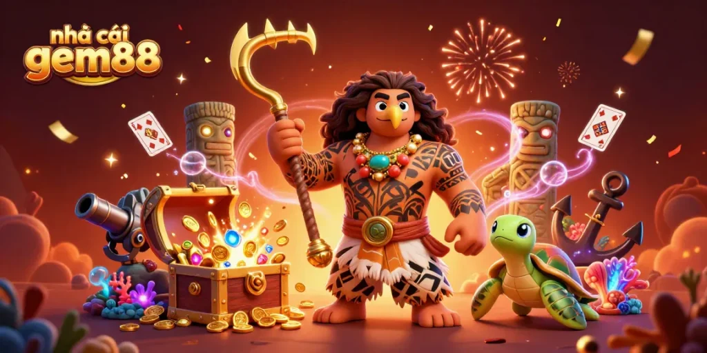 Engage with the nhà cái gem88 universe featuring vibrant 3D characters and casino elements in a thrilling underwater scene.