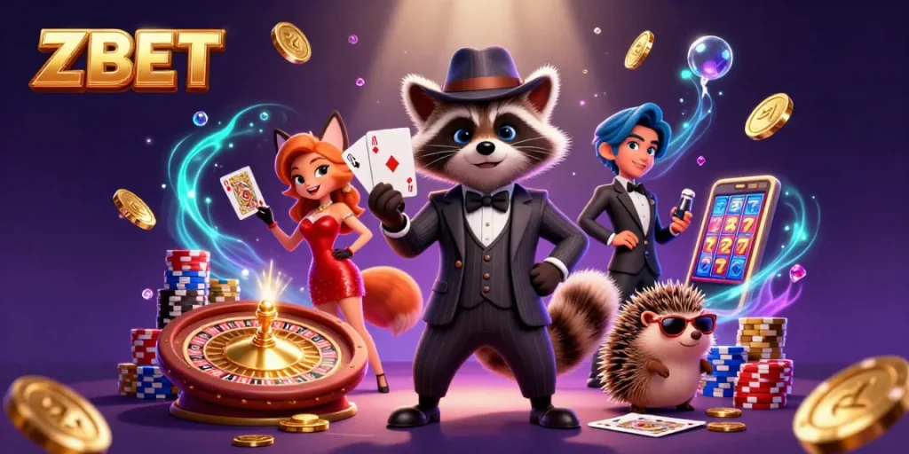 ZBET offers thrilling casino experiences with a suave raccoon and glamorous fox in vibrant action.