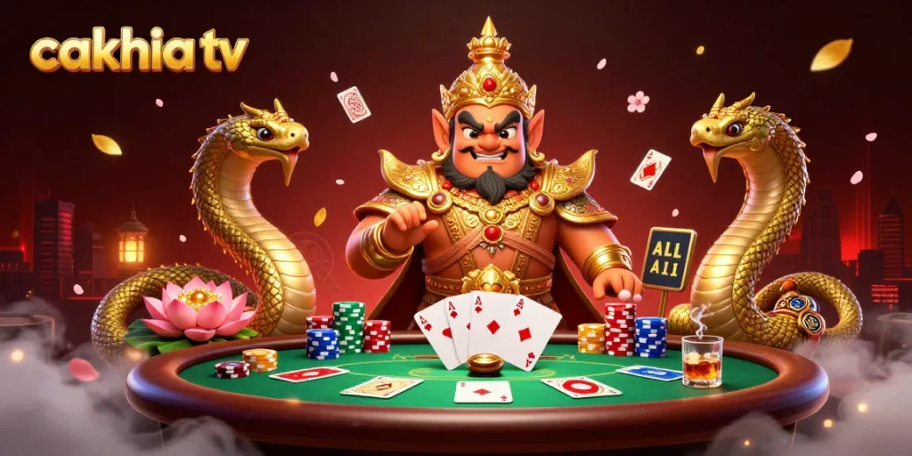 Experience thrilling gameplay with Cakhia TV's colorful poker scene featuring golden guardians.