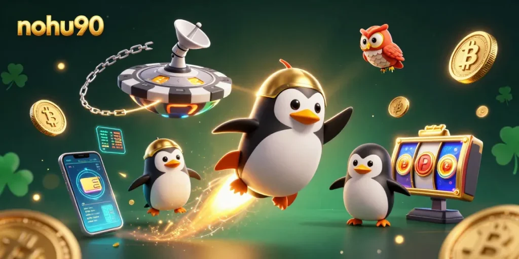 Experience the nohu90 gaming excitement with a golden penguin, cosmic coins, and vibrant casino visuals.