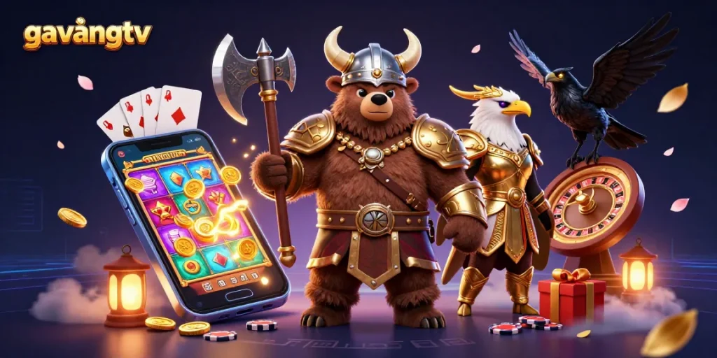 Join the excitement at gavangtv with a dynamic 3D casino scene featuring animated characters and games.
