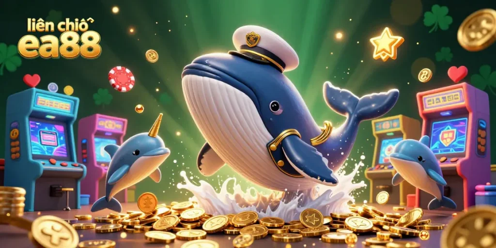 Engage with liên hệ ea88 through a vibrant casino scene featuring a whale, narwhal, and dolphins.